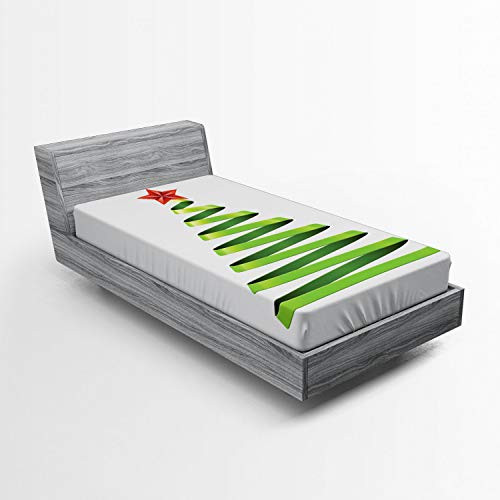 Ambesonne Christmas Fitted Sheet  Ribbon Design with Tree Topper Star Symbol for New Year Celebration  Soft Decorative Fabric Bedding All-Round Elastic Pocket  Twin XL Size  Yellow Green Vermilion