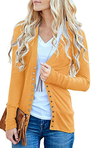 NENONA Women_s V-Neck Button Down Knitwear Long Sleeve Soft Basic Knit Snap Cardigan Sweater-Mustard-XL-