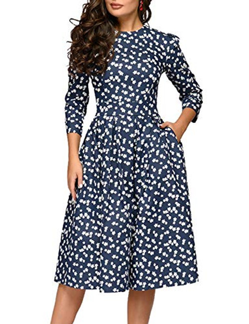 Simple Flavor Women_s Floral Vintage Dress Elegant Midi Evening Dress 3 4 Sleeves -0805Navy  M-