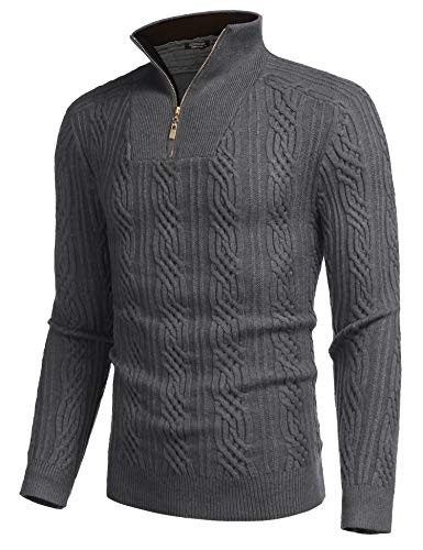 COOFANDY Men_s Quarter Zip Sweater Slim Fit Casual Knitted Turtleneck Pullover Mock Neck Polo Sweater -Grey  Medium-