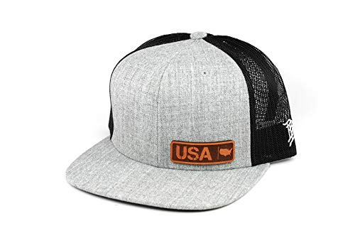 Branded Bills USA Native_ Leather Patch Hat Flat Trucker - One Size Fits All -Heather Grey Black-