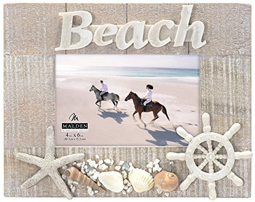 Malden International Designs Distressed Wood Shoreline "Beach" with Attached Seashells Picture Frame, 4x6, Tan