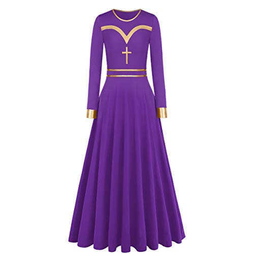 IMEKIS Women Metallic Praise Dance Dress Praise Dance Dresses for Women Dance Praise Clothing for Women Gold Liturgical Dancewear for Women Lyrical Worship Purple Cross S