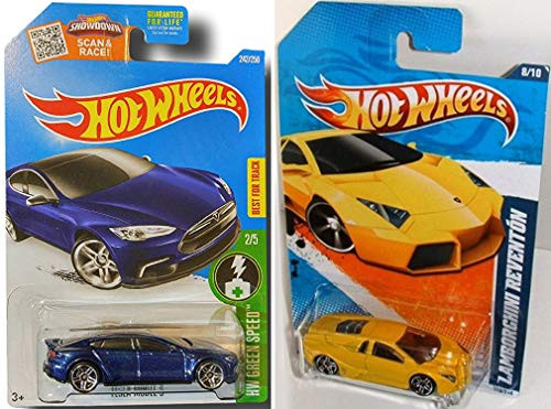 Blue Tesla S  and  Yellow Lambo Reventon Hot Wheels Bundle 1 64 Scale Collectible Die Cast Cars