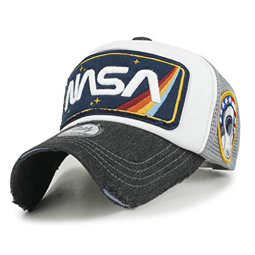 ililily NASA Worm Logo Embroidery Baseball Cap Rainbow Mesh Snap Back Trucker Hat  Grey Bill