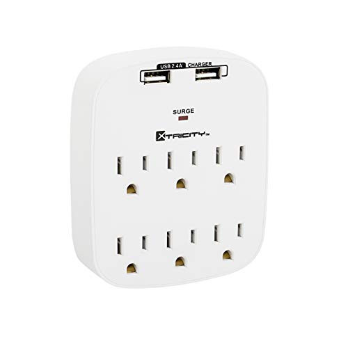 6-Outlet Wall Tap Adapter and Surge Protector, 2 USB Ports, 1000 Joules, UL Listed, White, (1 Pack)