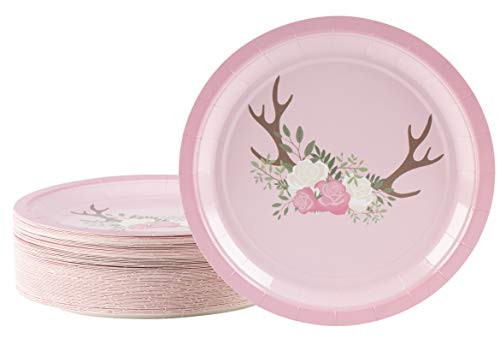 Disposable Plates - 80-Count Paper Plates, Bridal and Baby Shower Party Supplies for Appetizer, Lunch, Dinner, and Dessert, Floral Deer Pattern, 9 x 9 Inches
