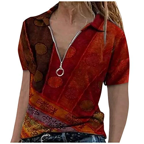 Shan-S Womens Lapel V Neck Shirts Short Sleeve Retro Print Casual Loose Tops Polo T-Shirts Blouse Pullover Tees