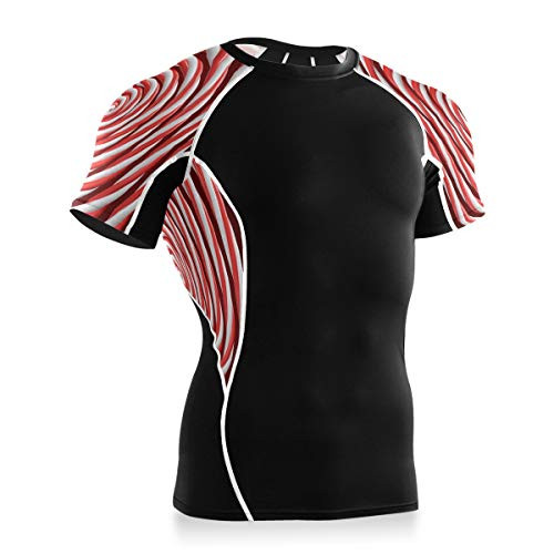 N- A Mens Short Sleeve Compression Workout T Shirt Red and White Striped