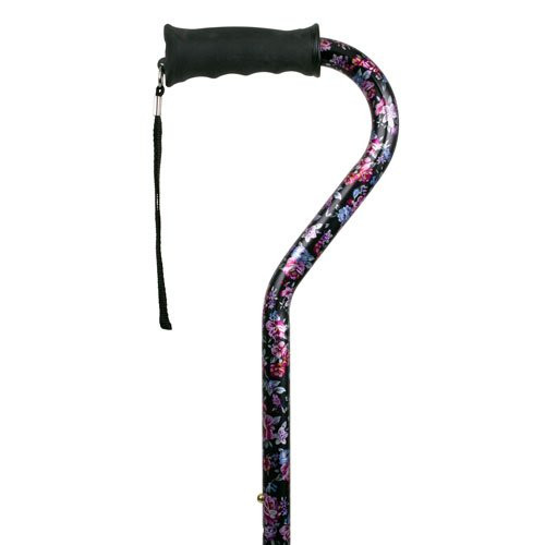 Carex Ergo Offset Cane With Soft Cushioned Handle - Adjustable Walking Cane For Women - Black Cane With Floral Pattern and Flowers