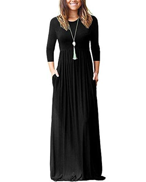 WNEEDU Women_s 3 4 Sleeve Solid Color Loose Plain Casual Long Maxi Dresses with Pockets -XL  Black-