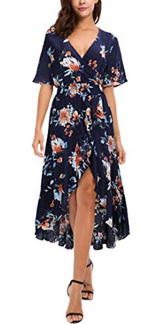 Kormei Womens Short Sleeve Floral High Low V-Neck Flowy Party Long Maxi Dress XL Blue Floral2 Kormei Womens Short Sleeve Floral High Low V-Neck Flowy Party Long Maxi Dress XL Blue Floral2