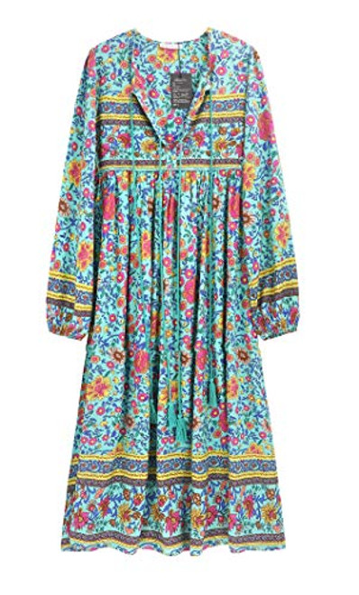 R.Vivimos Women_s Long Sleeve Floral Print Retro V Neck Tassel Bohemian Midi Dresses -XS  Green-