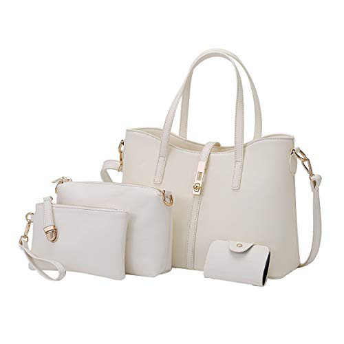 Women Handbag PU Leather Shoulder Bags Tote Bag Fashion Satchel Hobo Purse Set 4pcs -White-