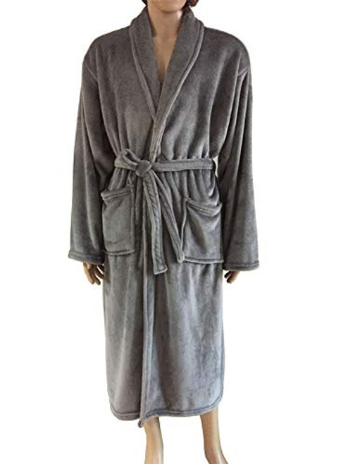 Coosey Mens Fleece Robe Lightweight Soft Warm Plush Collar Shawl Solid Bathrobe Spa Bath Robe Grey