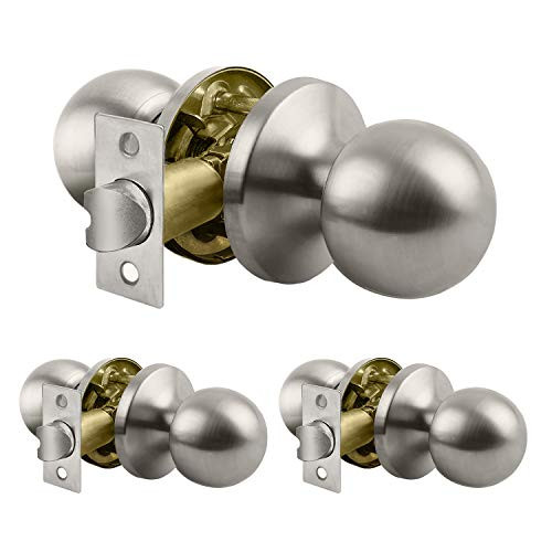 -3 Pack- Passage Door Knob Set with No Lock  Ball Door Knob  All Metal  Satin Nickel Finish  by BESTTEN