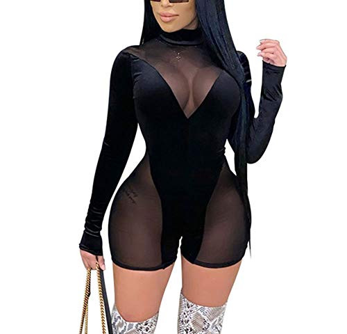 MyDearie See Through Bodycon Jumpsuit for Women - Velvet One Piece Outfits Sheer Mesh Clubwear Jumpsuit Rompers