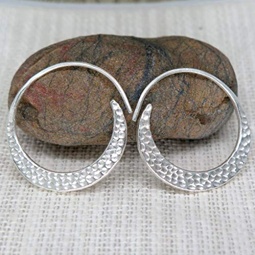 Sterling Silver Boho Small Crescent Hoops Earrings  Handmade Hammered Doted Moon shape Shiny Flat Hoop  Gift for Her