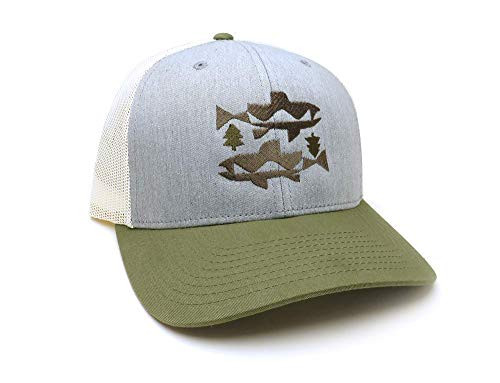 Trucker Hat by Black Lantern  Classic Mesh Trucker Hat Featuring a Mesh Back Panel and Adjustable Snapback  Trout and Trees Design