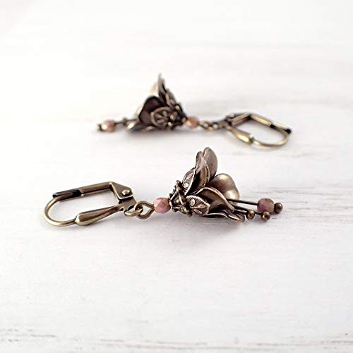 Vintage Style Dusty Pink Czech Glass and Brass Metal Flower Dangle Lever Back Earrings