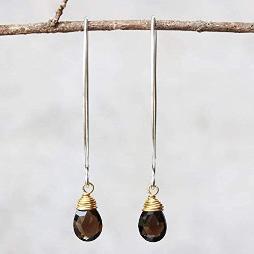 Earrings Teardrop faceted smoky quartz with brass wire wrapped on sterling silver marquise ear wires