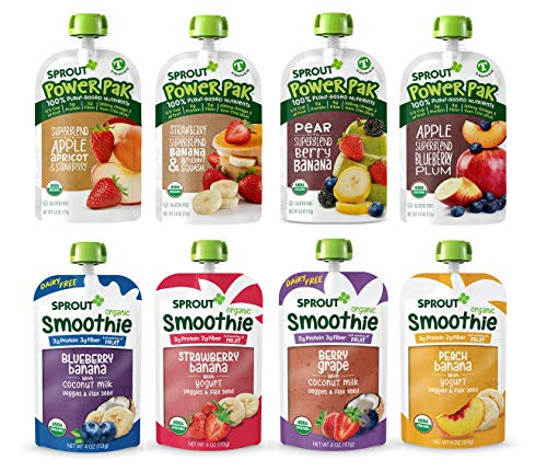 Sprout Organic Baby Food Toddler Pouches Stage 4  8 Flavors  4 Pouches  Smoothie and Power Pak Variety Sampler  48 Ounce