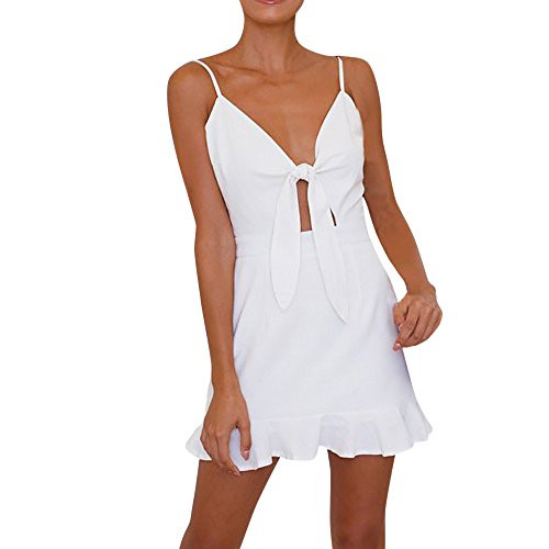 Women Cute Dress Summer Sleeveless V-Neck Bowknot Beach Backless Club Evening Party Mini Dresses -White M- Women Cute Dress Summer Sleeveless V-Neck Bowknot Beach Backless Club Evening Party Mini Dresses -White M-
