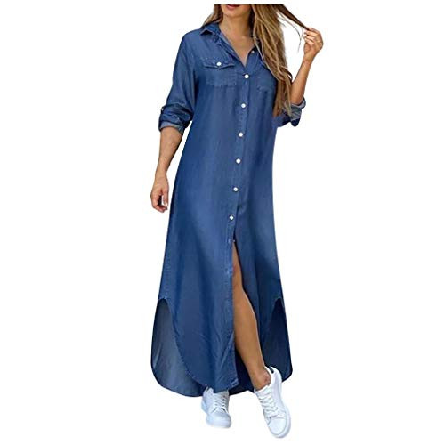 Franterd Casual Maxi Dress for Women Floral Button Down Roll up Long Sleeve Long Dress Loose Long Maxi Dresses Blue