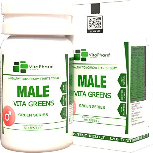Male VITA Greens by VitaPharm Nutrition -Iron Free Multi Vitamin for Men - Daily Energy Strength Immune Booster - Vitamins A  C  E  B1  B2  B6  B12  Calcium Vitamin D Zinc - Immune Booster Supplement