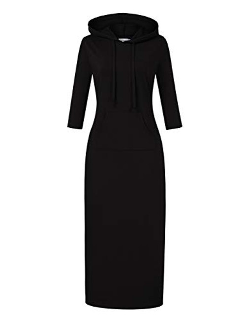 MISSKY Maxi Dresses for Women 3 4 Sleeve Pocket Slim Pullover Hoodie Dress XS