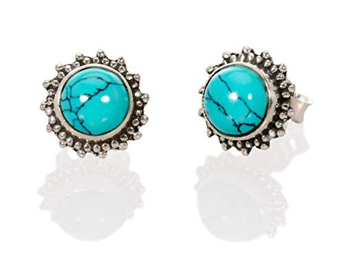 Turquoise Stud Earrings  925 Sterling Silver Post Earring with Cabochon Stone  Pair of Small Round Button Ear Studs with Blue Gemstone  Boho Ethnic Tribal Jewelry Gift for Women  Handmade by Lilyom.