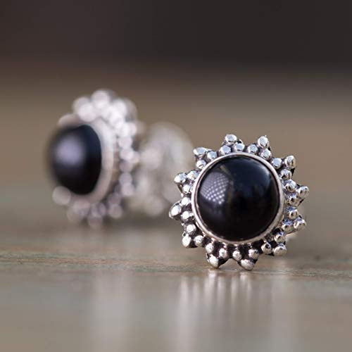 Onyx Stud Earrings  925 Sterling Silver Post Earring with Onyx Stone  Pair of Small Round Button Ear Studs with Black Gemstone  Boho Ethnic Tribal Jewelry Gift for Women.