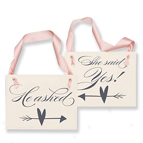 Engagement Announcement Signs He Asked  Plus She Said Yes with Heart Arrows Handcrafted Proposal Banners Made in USA Slate Gray on Ivory Paper  Plus Rose Gold Pink Ribbon