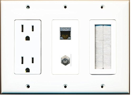 RiteAV - -3 Gang 15A Power Outlet Mesh-Brush Coax Shielded Cat6 Wall Plate White