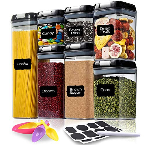 Airtight Food Storage Container Set - 7 PC - Kitchen  and  Pantry Organization Containers Great for Flour  Cereal  and  Sugar - BPA-Free - Clear Plastic Canisters with Durable Lids - Labels  Marker  and  Spoon