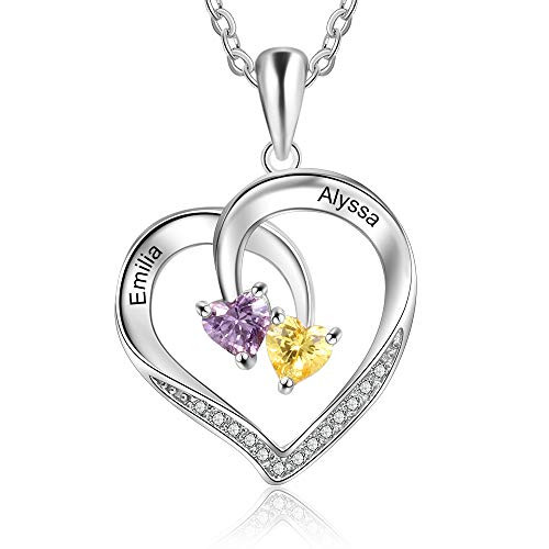 Personalized 2 Names Love Heart Necklace with 5A Cubic Zirconia Birthstone Pendant Necklace for Women Name Necklace Jewelry Gifts for Women Mom Wife Sister -Grey 4- Personalized 2 Names Love Heart Necklace with 5A Cubic Zirconia Birthstone Pendant Necklace for Women Name Necklace Jewelry Gifts for Women Mom Wife Sister -Grey 4-