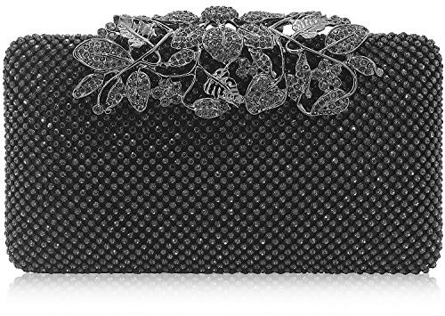 Womens Evening Bag with Flower Closure Rhinestone Crystal Clutch Purse for Wedding Party Pewter