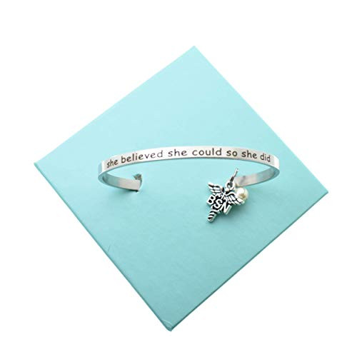 Bachelor of Science in Nursing Women_s Bracelet - She Believed She Could and She Did - Handcrafted Stainless Steel Silver Toned Metal Charm - Perfect Gift for BSN