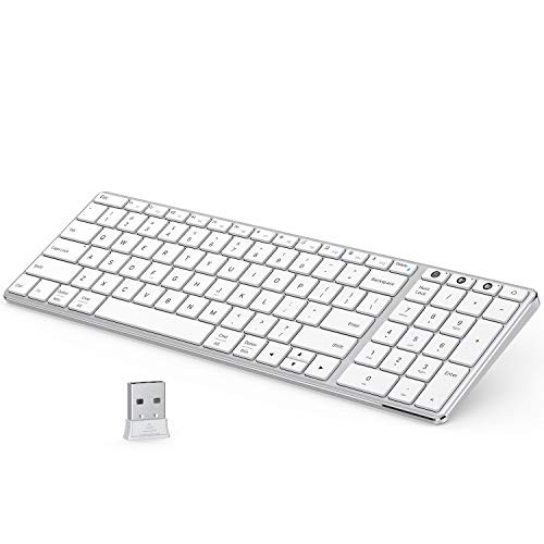 Multi-Device Bluetooth Keyboard Metal  Jelly Comb Dual Mode Rechargeable 2.4G Wireless  and  Bluetooth Keyboard with Number Pad Switch to 3 Devices for PC Laptop Desktop Tablet iOS Windows-White Silver
