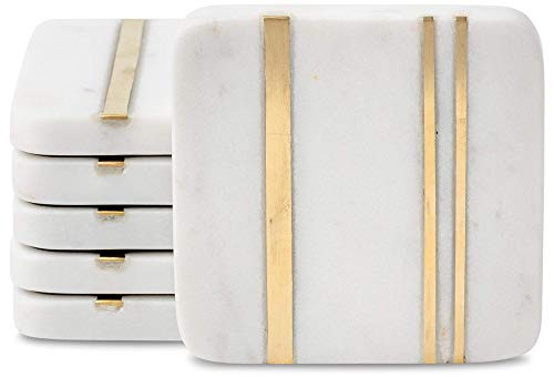 Cork  and  Mill Marble Coasters for Drinks - Set of 6 Handcrafted Modern Coasters - White Drink Coasters with Gold Brass Inlay - Made from Real Solid Marble