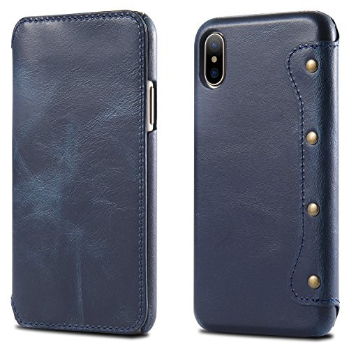 iPhone X iPhone Xs Case  Reginn Waxed Leather Folio with -Card Slot- -Cash Pocket- and -Stand Function- -Qi Charging Compatible- Leather Wallet Case for iPhone X iPhone Xs -Blue-