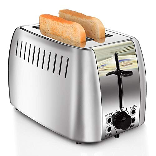 prepAmeal 2 Slice Toaster Stainless Steel Toaster Two Slice Bagel Toaster Small Bake Toaster with 6 Browning Setting  Reheat  Defrost  Bagel  Cancel Function  Extra Wide Slots -Silver - 2 Slice-