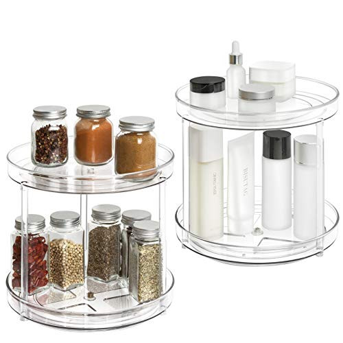 2 Tier Lazy Susan - 2 Pack Plastic Clear Spinning Organization  and  Storage Container Bin 9 Inch Round Turntable Condiments Spice Rack for Cabinet Pantry Countertop Kitchen Fridge Vanity Bathroom Makeup