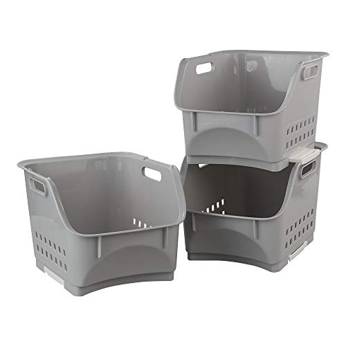 Vababa 3-Pack Plastic Stacking Storage Basket  Stackable Bin Organizer  Gray
