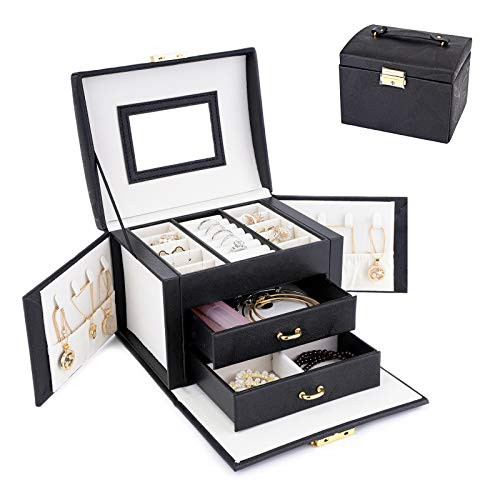Burpada Jewelry Box - 3 Layer Leather Jewelry Organizer with Lock and Mirror Necklace Earring Ring Storage Organizer Case for Women Girls Gift