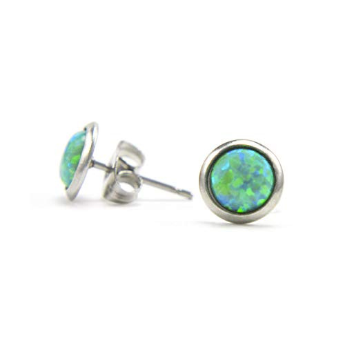 Green Opal Stud Earrings Hypoallergenic Surgical Steel 8mm