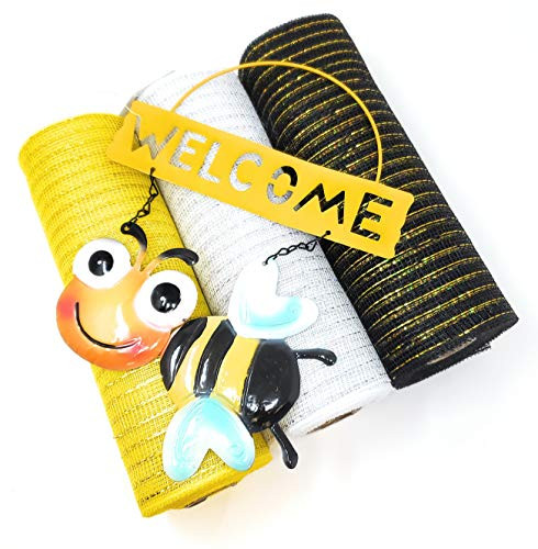 Buzzing Bee Deco Mesh Wreath Kit  3 Rolls 10inch  Decorative Mesh -Bumblebee Yellow  Daisy White  Black- and Metal Welcome Center