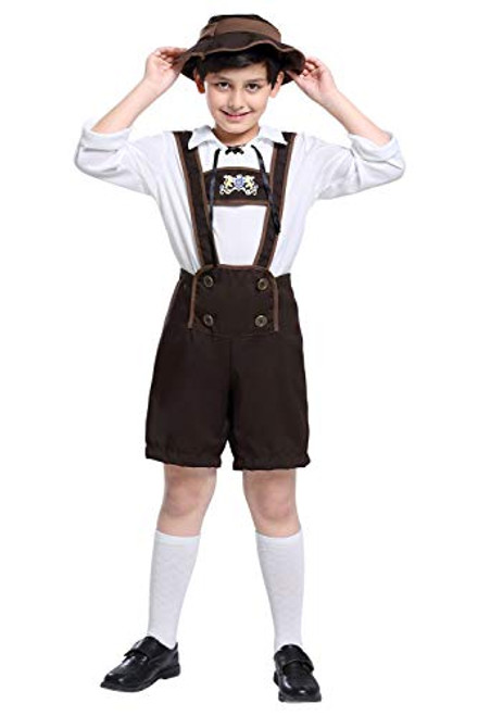 Oktoberfest Costume Bavarian Toddler Kids Uniform Lederhosen Shorts with Shirt and Hat Medium
