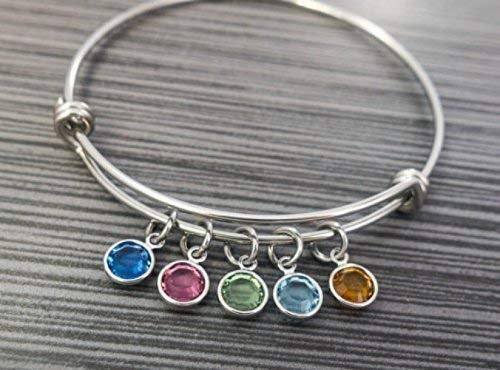 Charm Bracelet Birthstone Bracelet Wire Bangle Mom Bracelet Grandma Bangle Swarovski Crystal Charm Adjustable Bangle