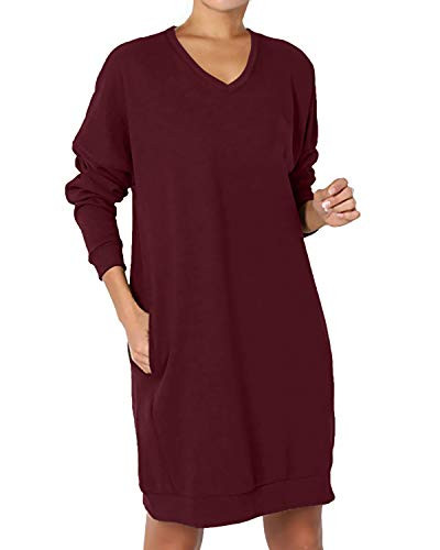 Kidsform Women_s Long Sleeve Hoodie Crew Neck Tunic Dress Solid Pullover Loose Sweater Hoodie Sweatshirt Long Tops With Pocket Red XL